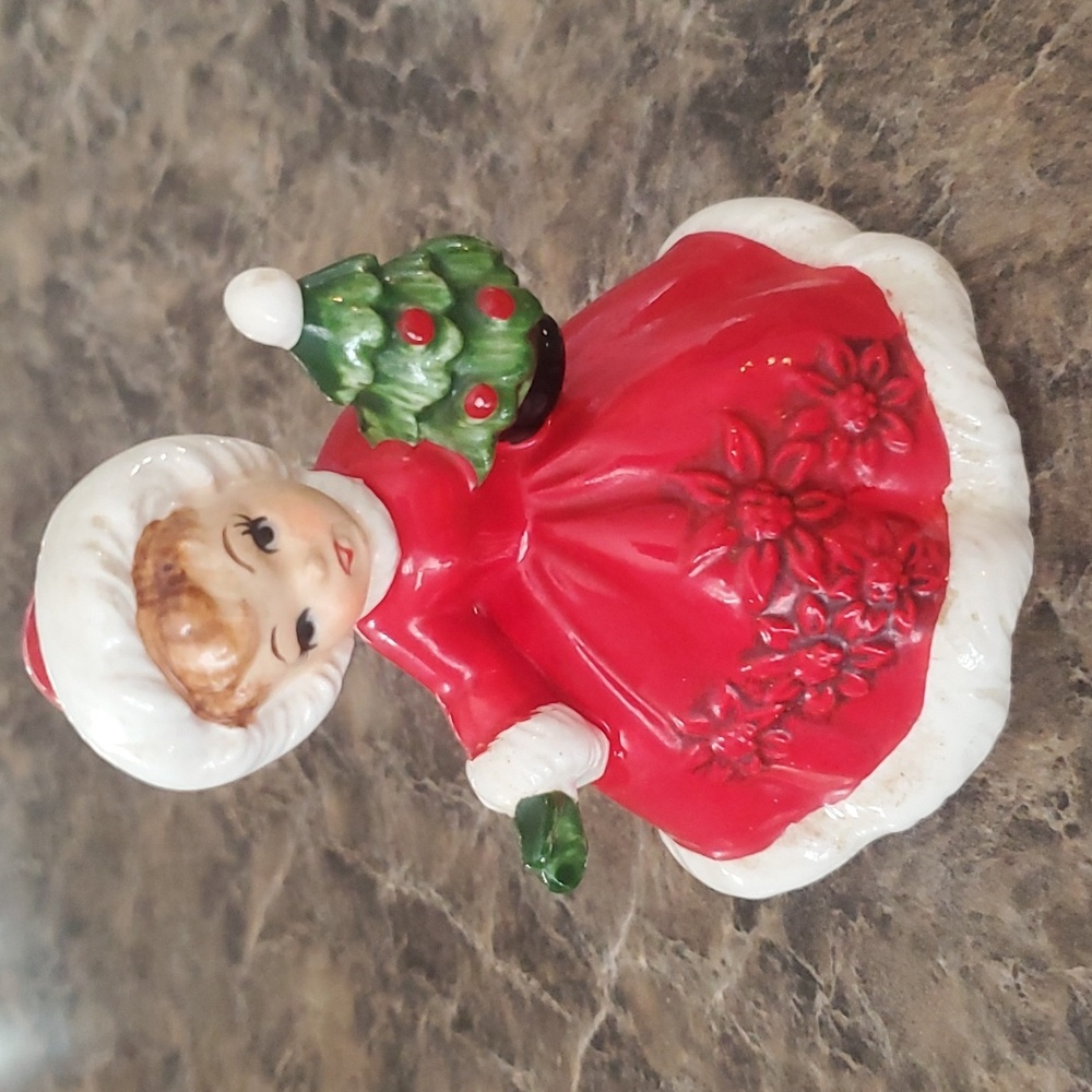 Vintage Lefton Christmas Poinsettia Girl Figurine 6604, Mid Century Christmas